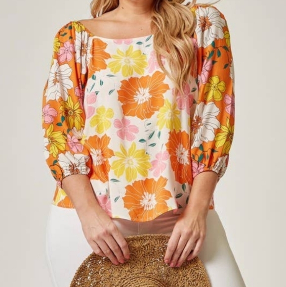 NWT Emily Wonder | Orange Yellow Pink Floral Wide Neck Blouse Size 1X - Picture 2 of 7